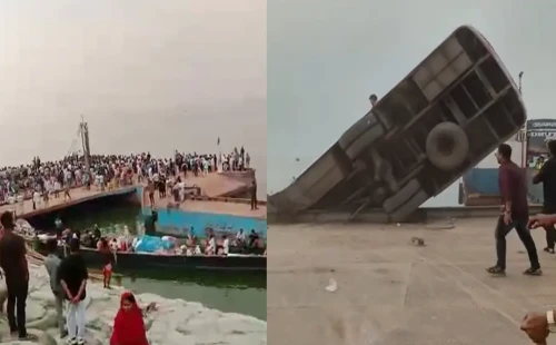 দৌলতদিয়া ঘাটে ফেরিতে ওঠার সময় নদীতে পড়ল যাত্রীবাহী বাস, হতাহতের শঙ্কা 